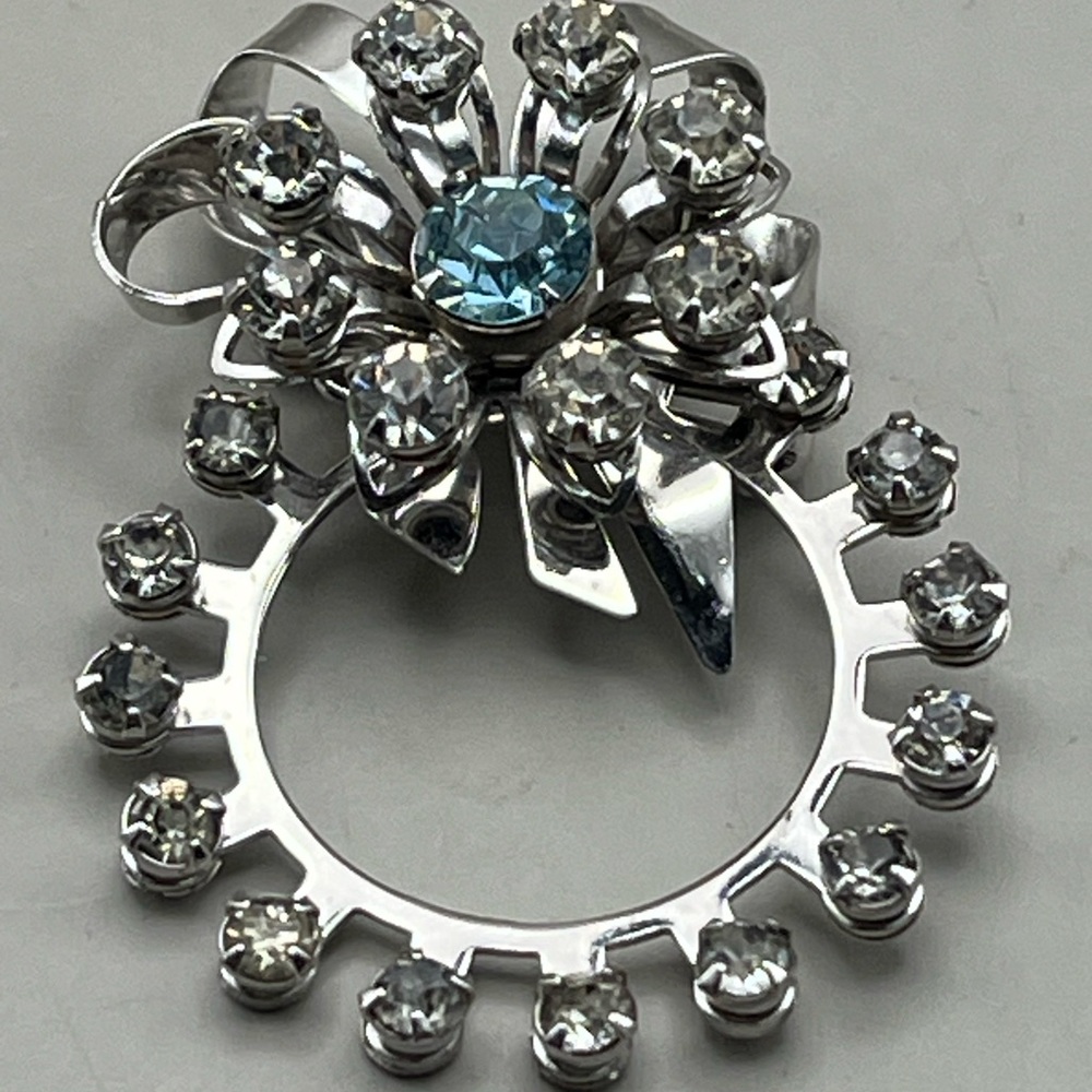 Elegant  Vintage Silver and Blue Crystal Pendant Classic Statement Jewelry Piece